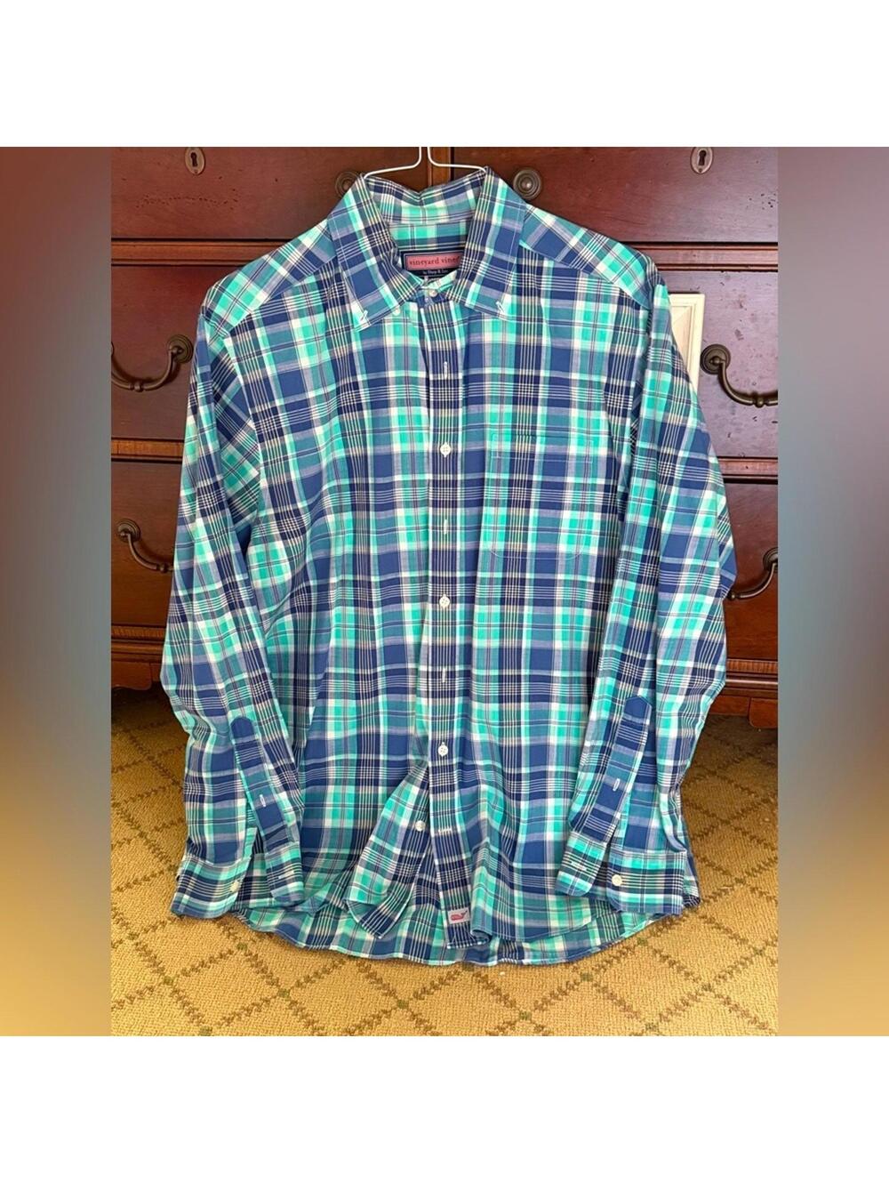 Vineyard Vines SLIM Murray button down shirt blue / green & white plaid check L